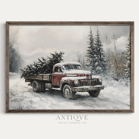 Vintage Red Truck Hauling Christmas Tree Snowy Farmhouse Wall Art