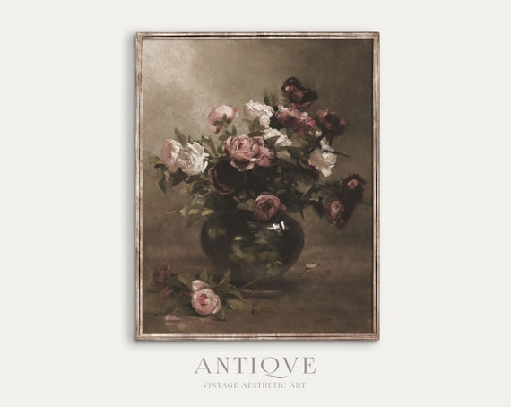 Moody Vintage Roses In Vase Oil Painting Art Print