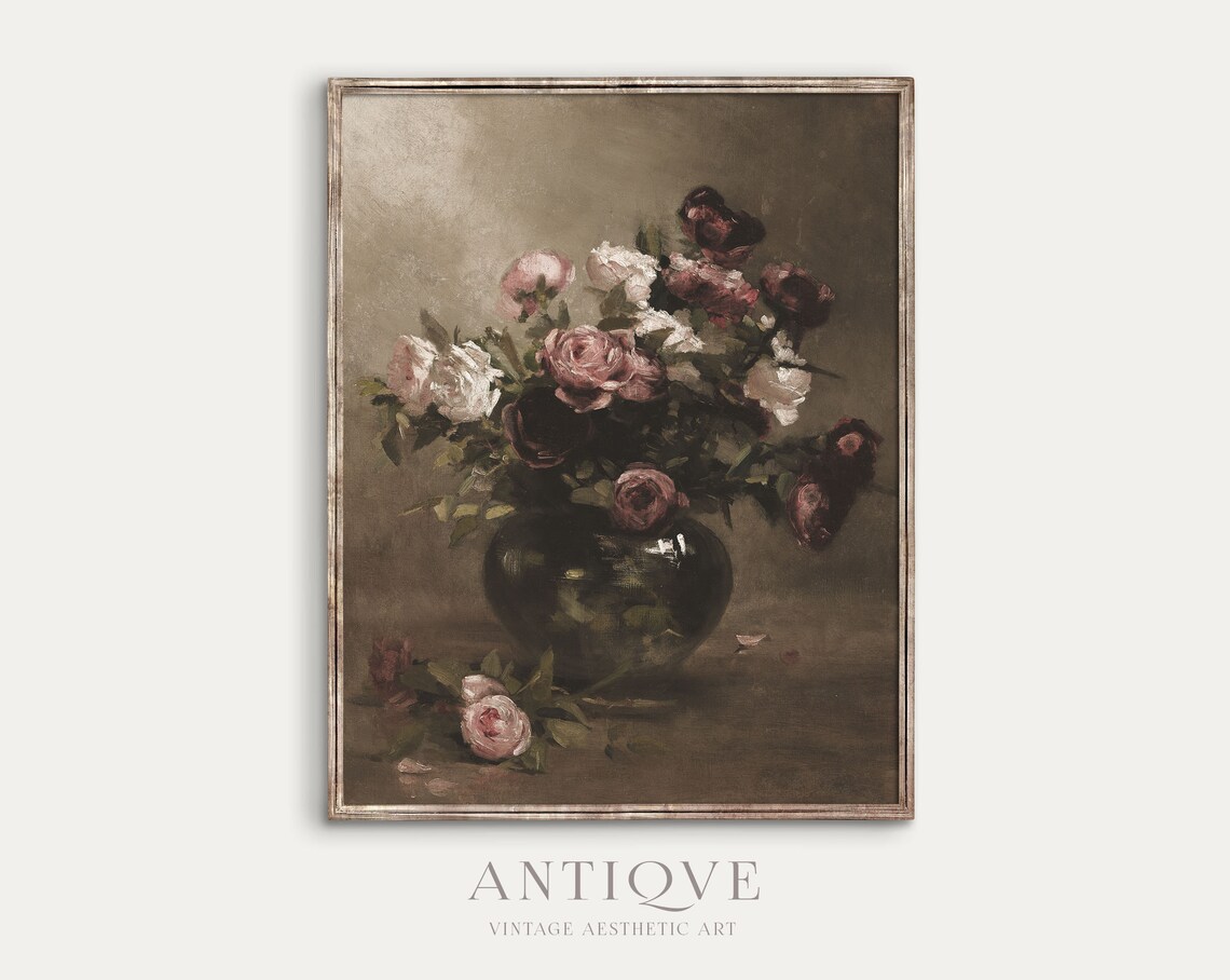 Moody Vintage Roses In Vase Oil Painting Art Print