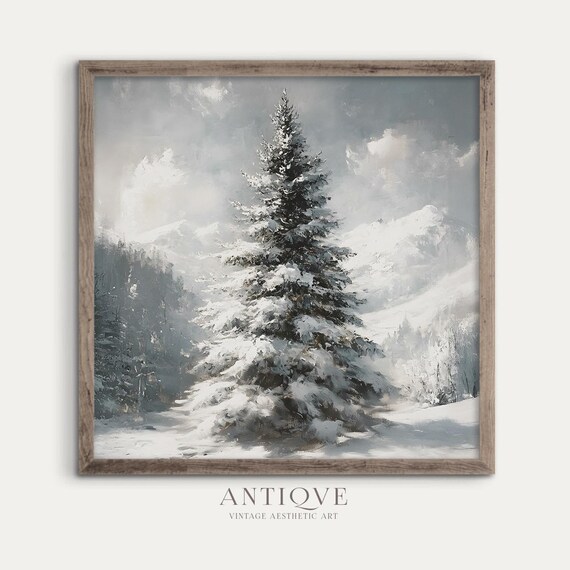 Fir Tree Painting Print, Snow-Covered Farmhouse Decor