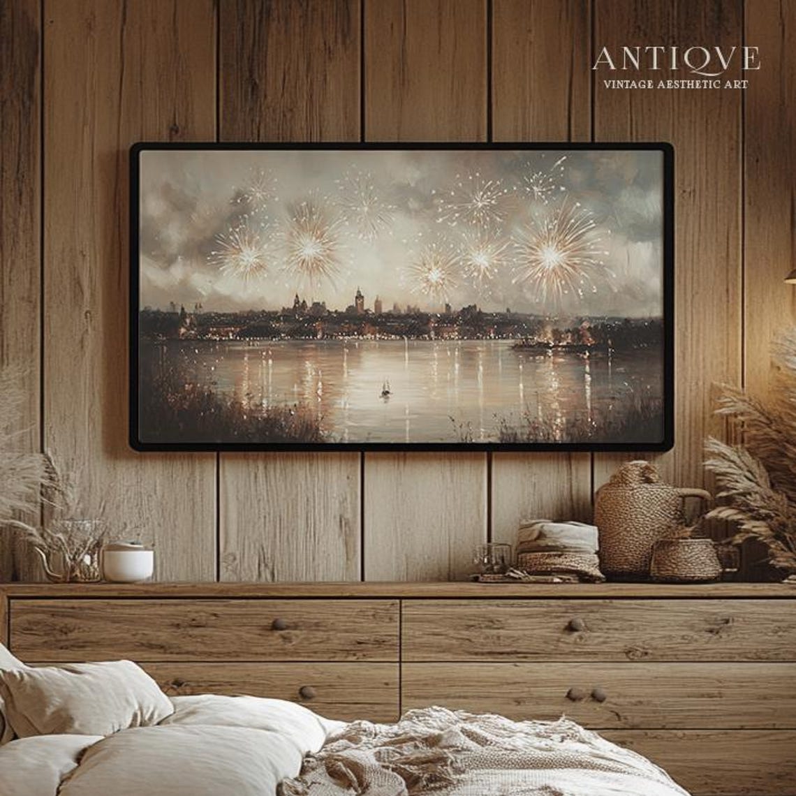 Fireworks Over River Skyline Festive New Year City Fine Art Print
