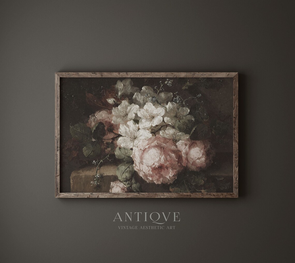 Moody Vintage Still Life Roses Oil Painting Art Print - Image 3