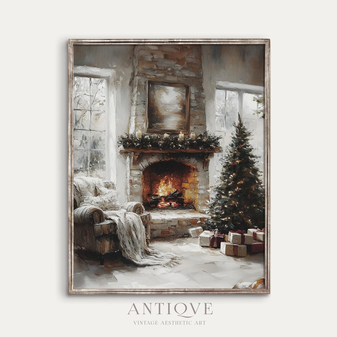 Cozy Fireplace Room With Christmas Tree Gifts And Mantel Garland Poster - Image 4