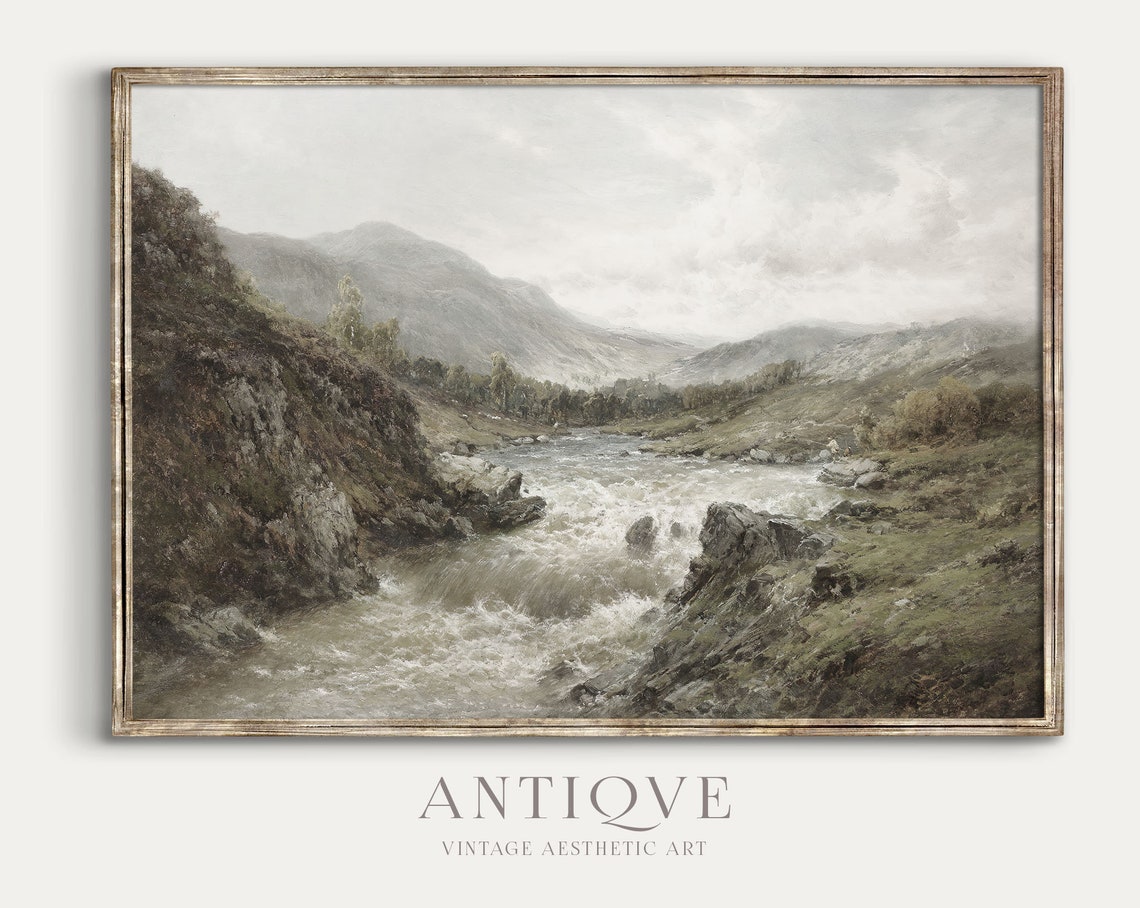 Highland River Rapids Misty Mountain Vintage Landscape Poster