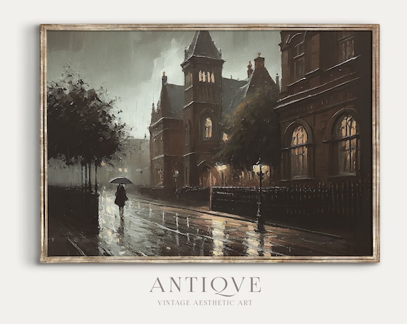 Moody Victorian City Street in the Rain, Art Print