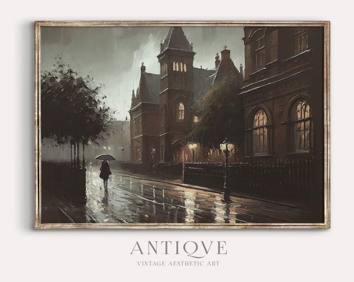 Moody Victorian City Street in the Rain, Art Print