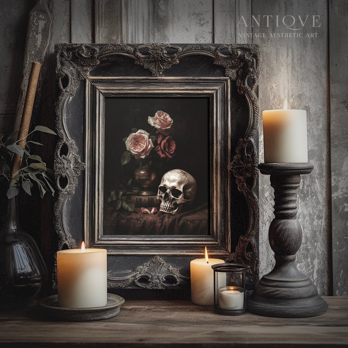 Moody Skull and Roses Goth Decor Halloween Art Print - Image 4