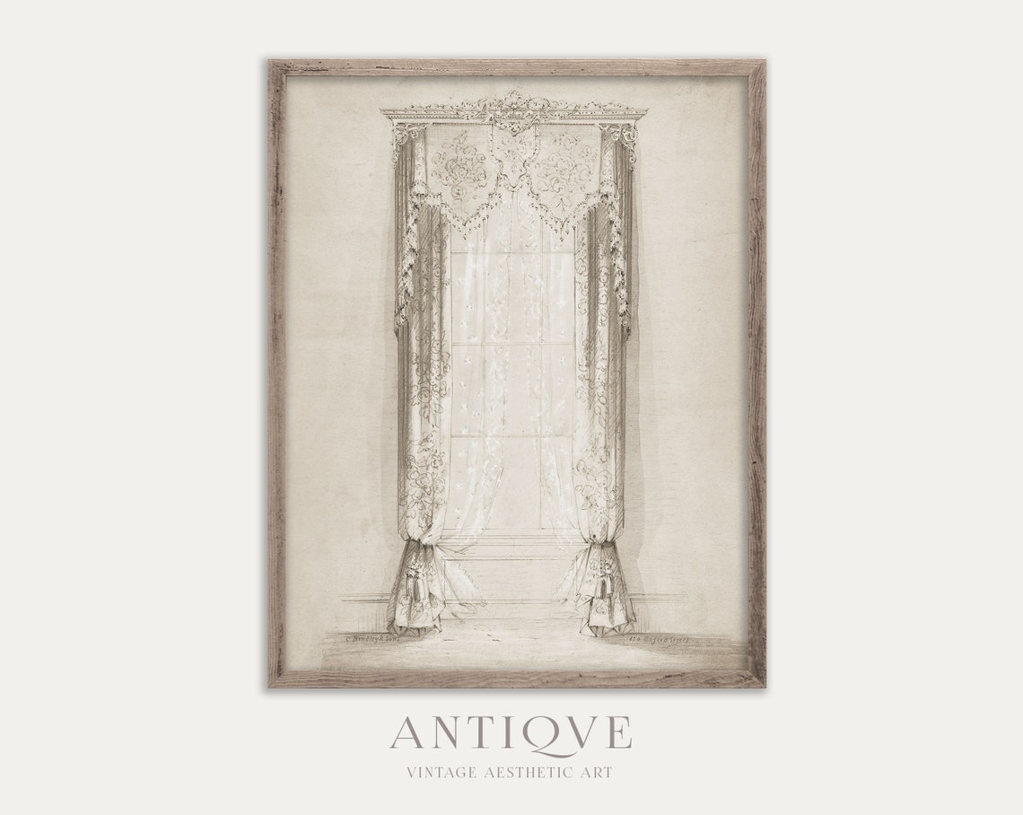 Victorian Ornate Window Drapery Curtain Design Sketch Drawing Poster