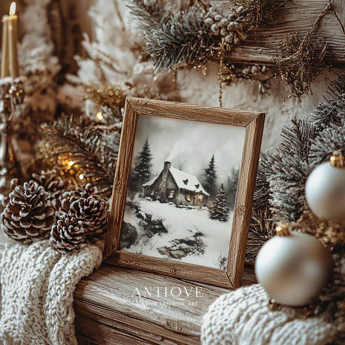 Charming Snowy Stone Cottage With Christmas Tree Winter Night Poster - Image 2