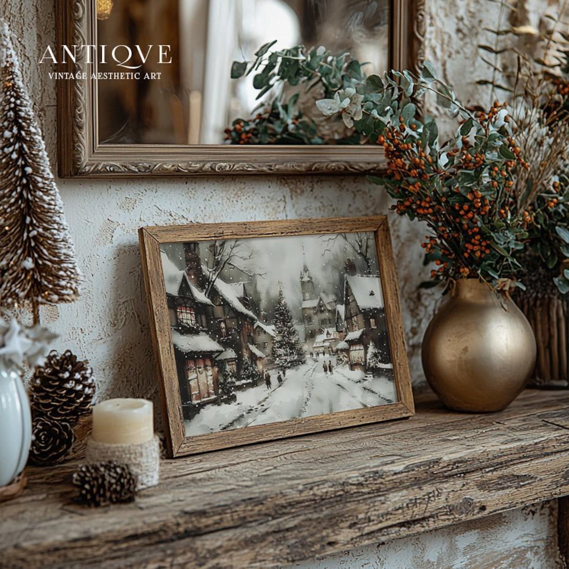Christmas Village Street, Watercolor Poster Print - Image 2