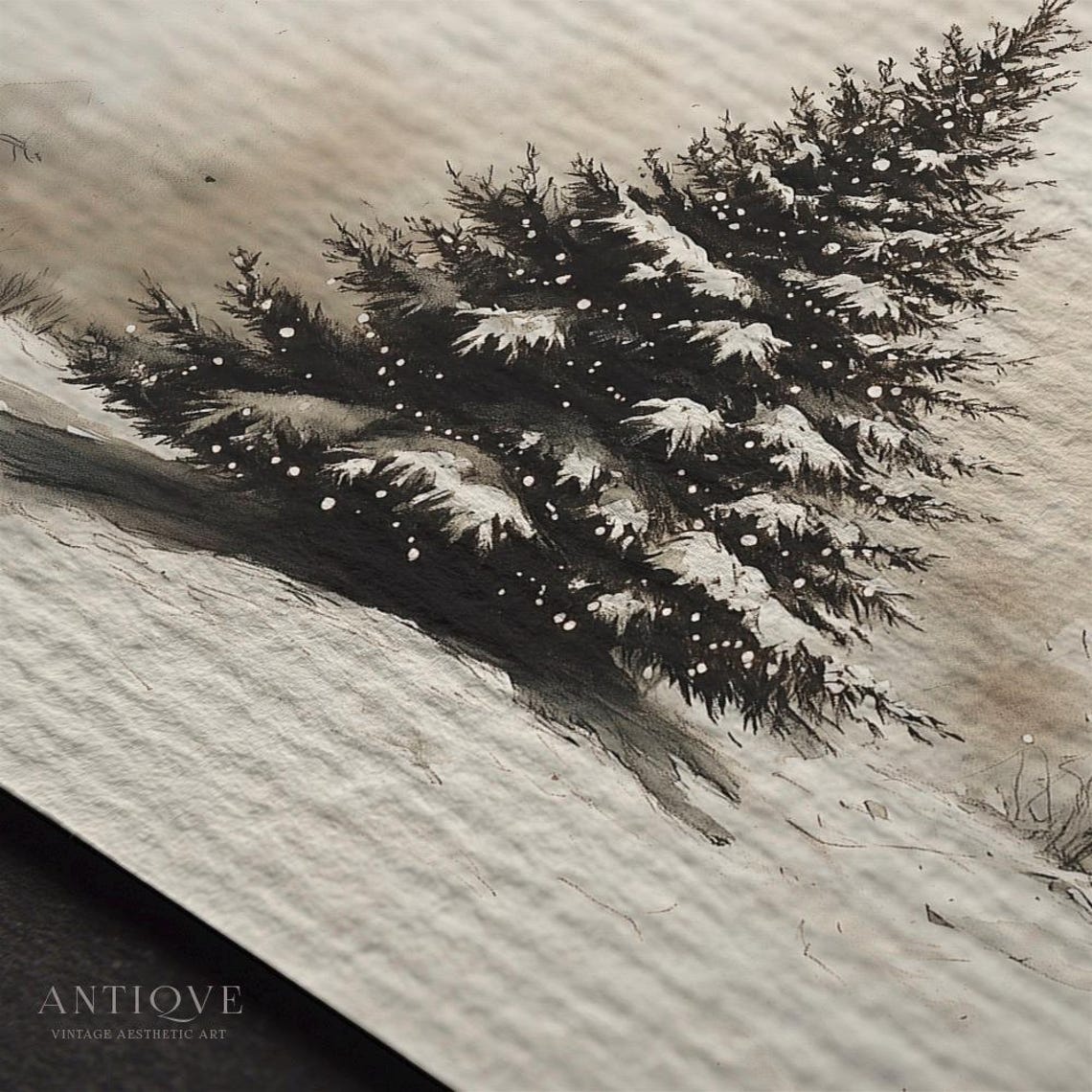 Snowy Evergreen Tree Winter Sketch Neutral Rustic Holiday Print