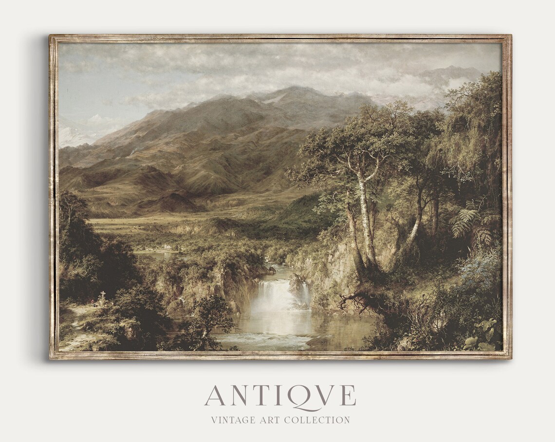 Vintage Waterfall Landscape Antique Oil Painting