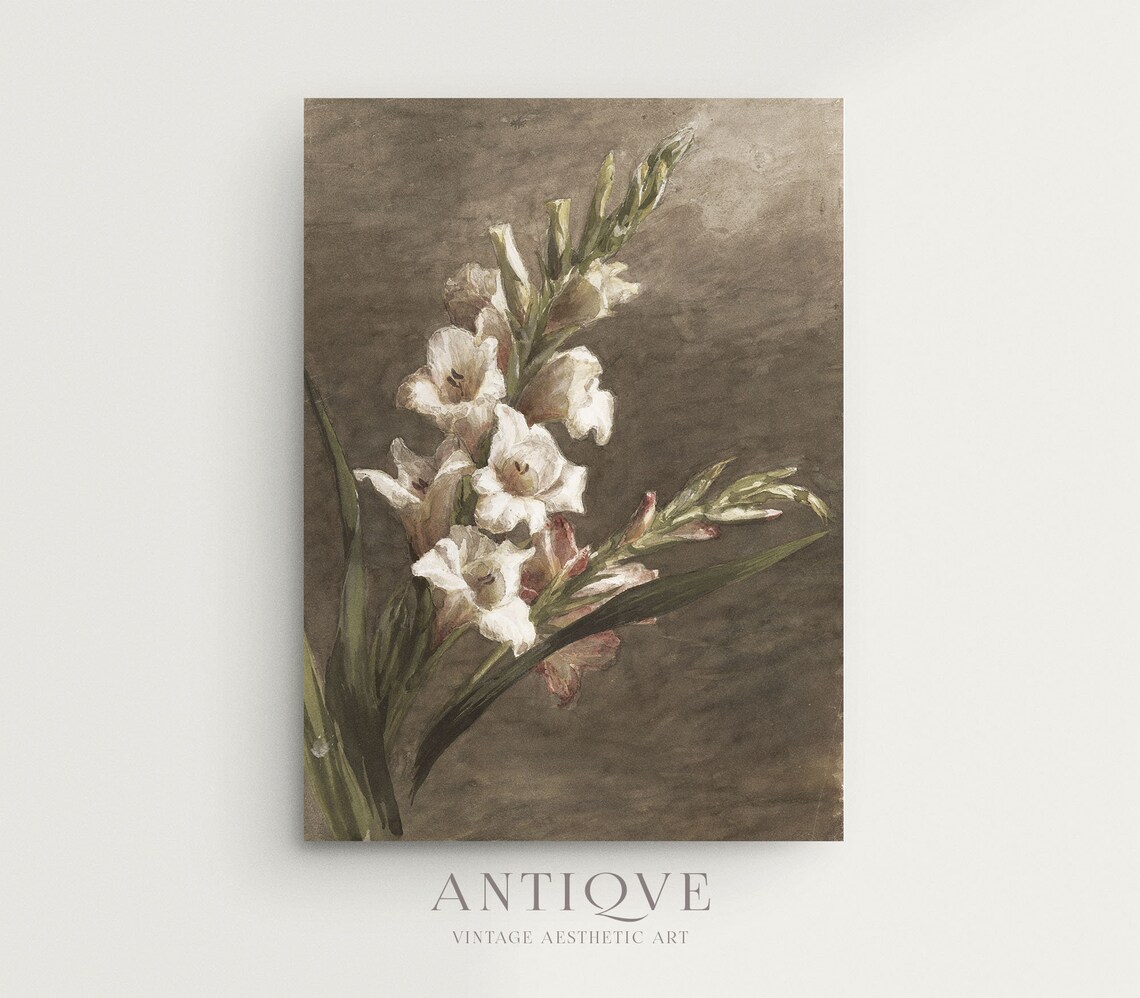 White Gladiolus Blooms Vintage Botanical Floral Painting Print - Image 2
