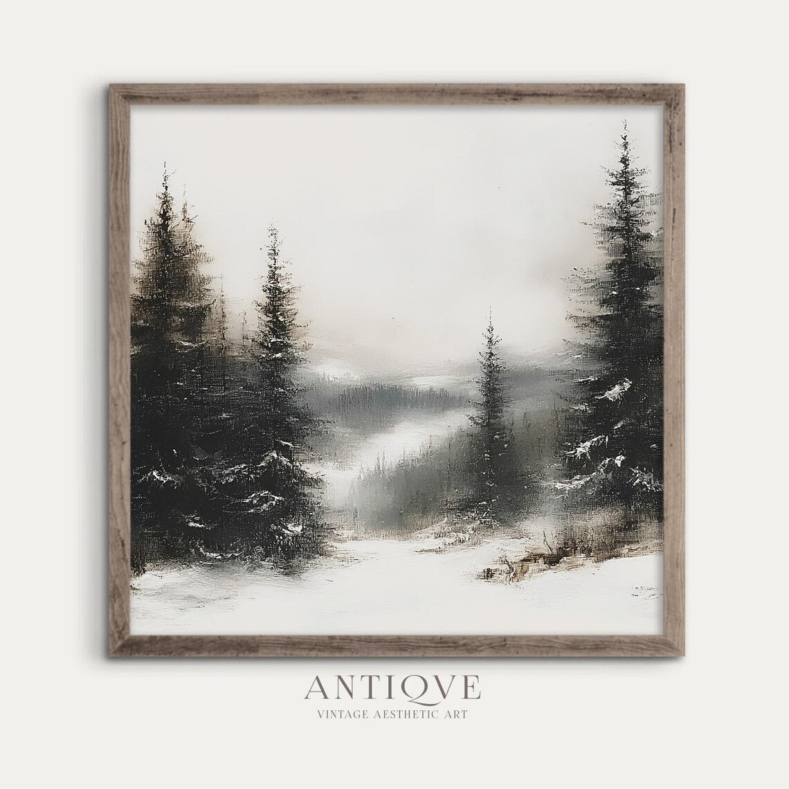 Misty Forest Landscape Painting, Rustic Christmas Decor