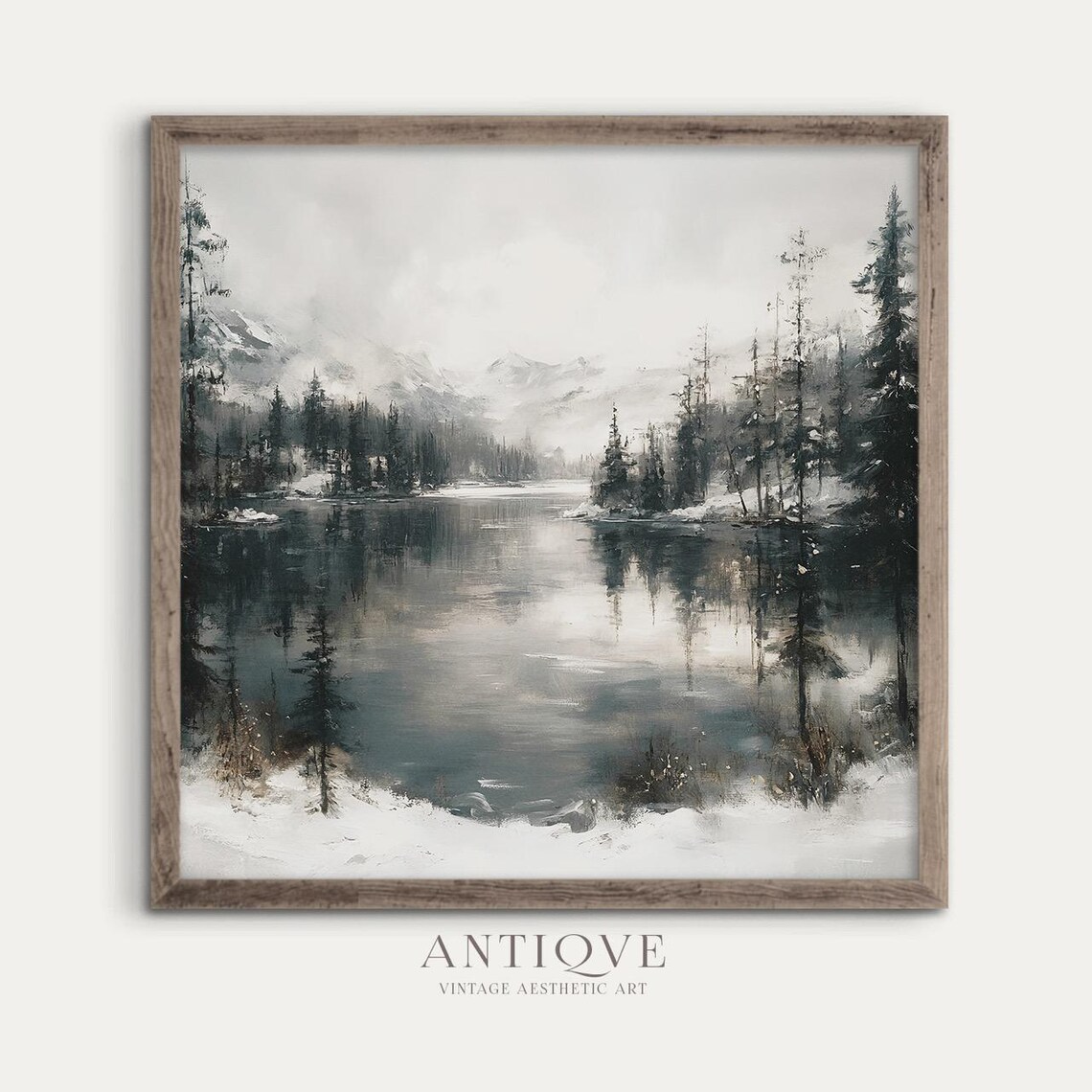 Winter Lake Landscape Painting, Rustic Christmas Decor