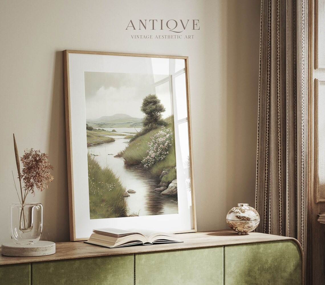 Irish Scenery Vertical Painting, Floral Stream Landscape - Image 3