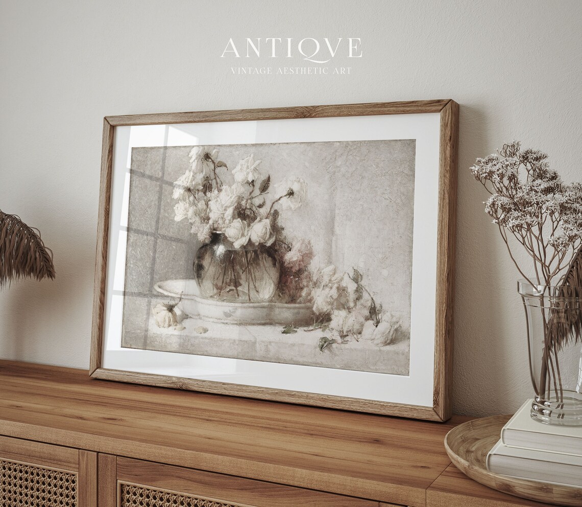 Clear Still Life White Roses In Glass Vase, Art Print - Image 3