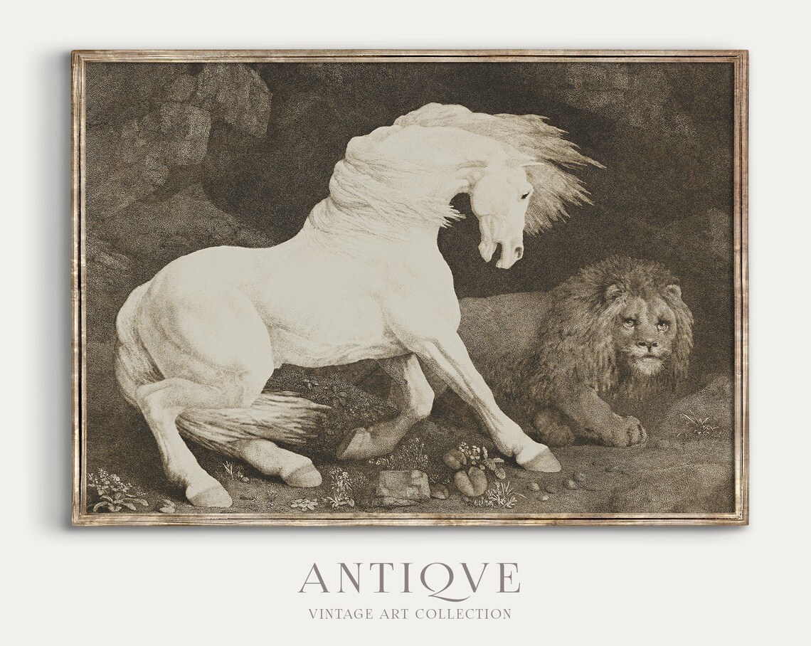 Vintage Horse And Lion Sketch, Moody Sepia Art Print