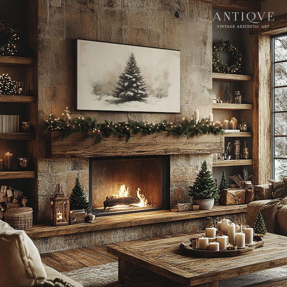 Frame Tv Snowy Pine Tree Neutral Fir Tree Sketch Rustic Holiday Decor 2546tv - Image 3