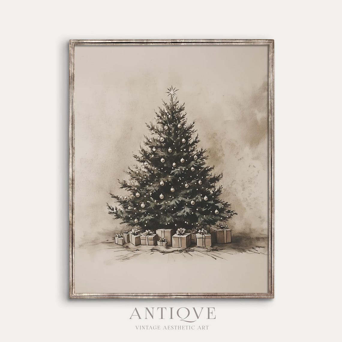 Neutral Christmas Tree Sketch with Ornaments Gifts Vintage Wall Art