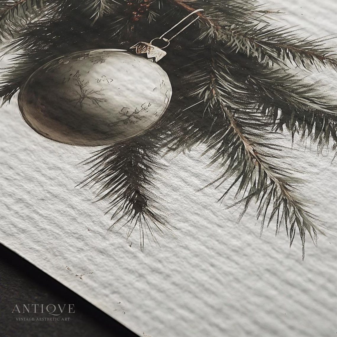 Silver Christmas Bauble on Pine Branch Neutral Sketch Wall Art