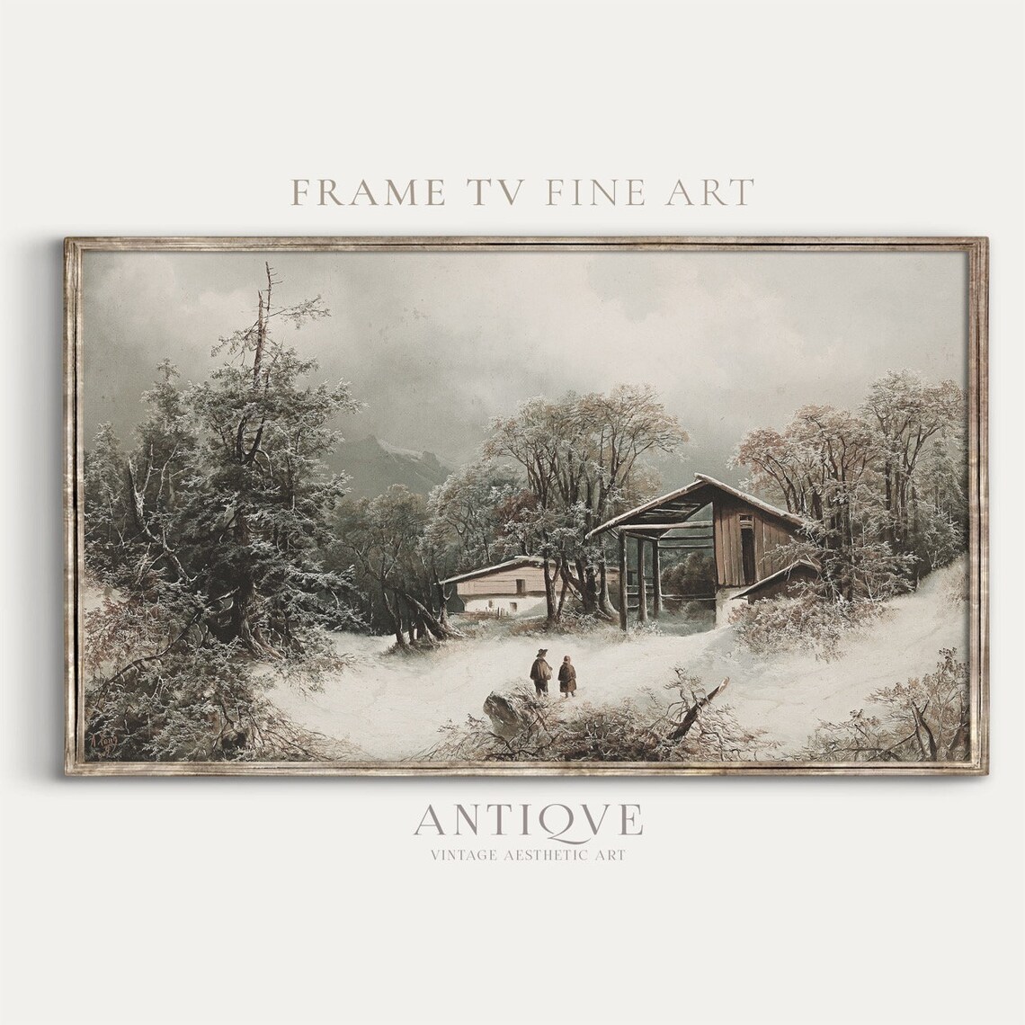 Antique Winter Cabin in Snow Vintage Mountain Landscape Art Print - Image 2