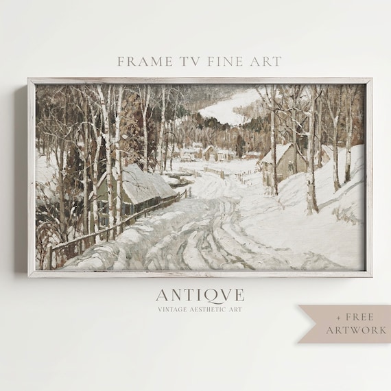 Snowy Village Road Vintage Winter Landscape Oil Painting Art Print