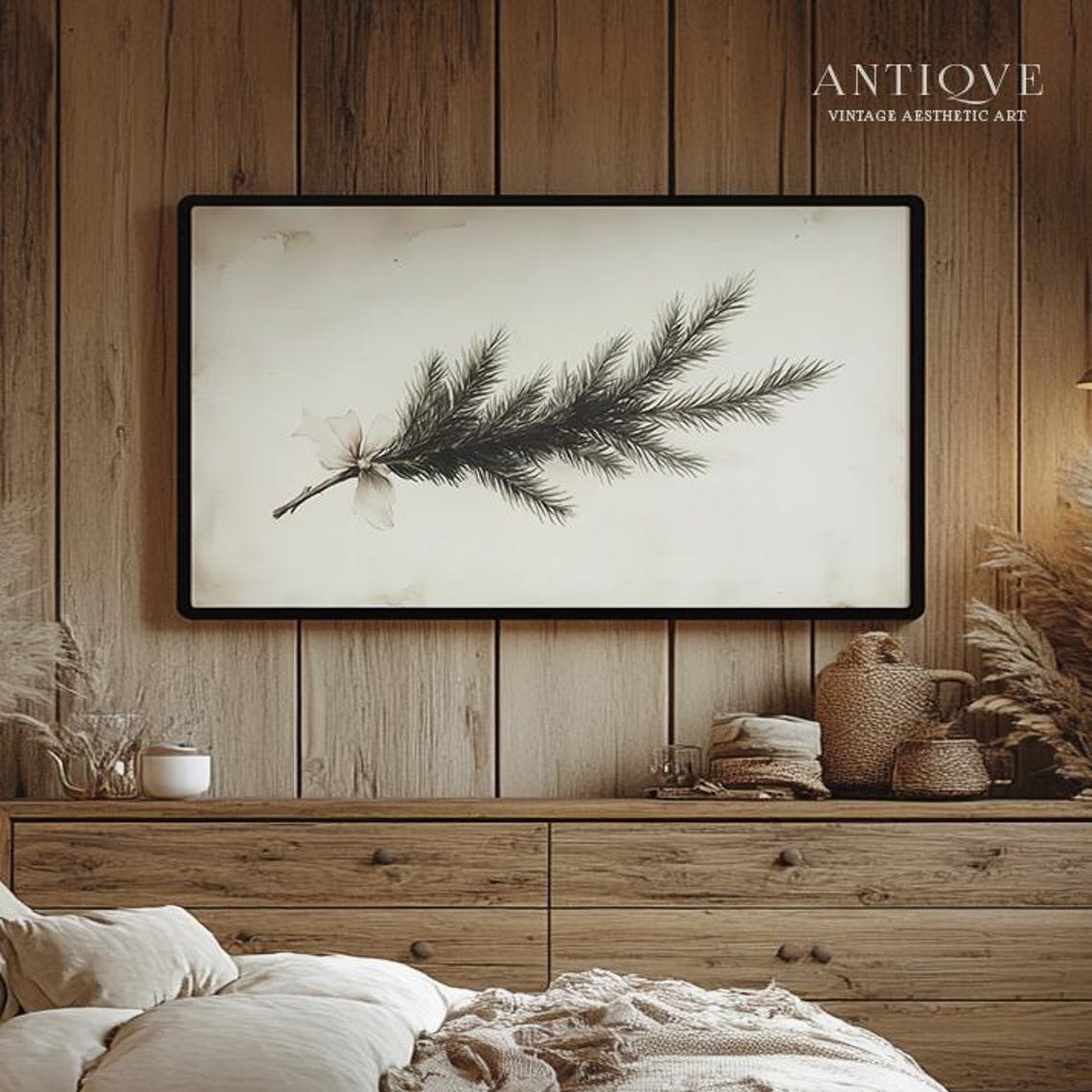 Pine Sprig Botanical Sketch with Ribbon Minimal Winter Wall Art
