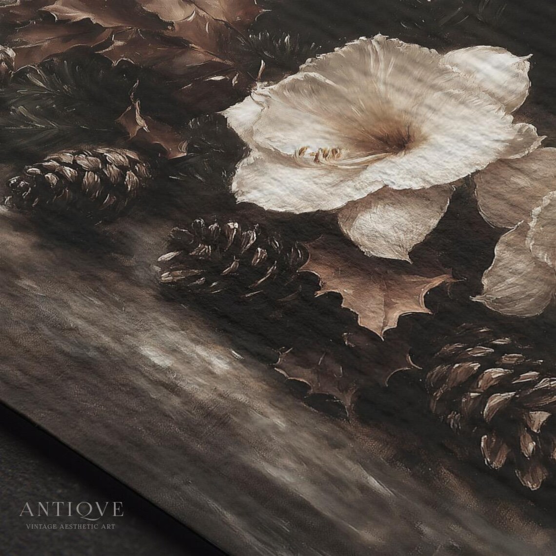 White Amaryllis With Pinecones, Rustic Christmas Art Print - Image 2