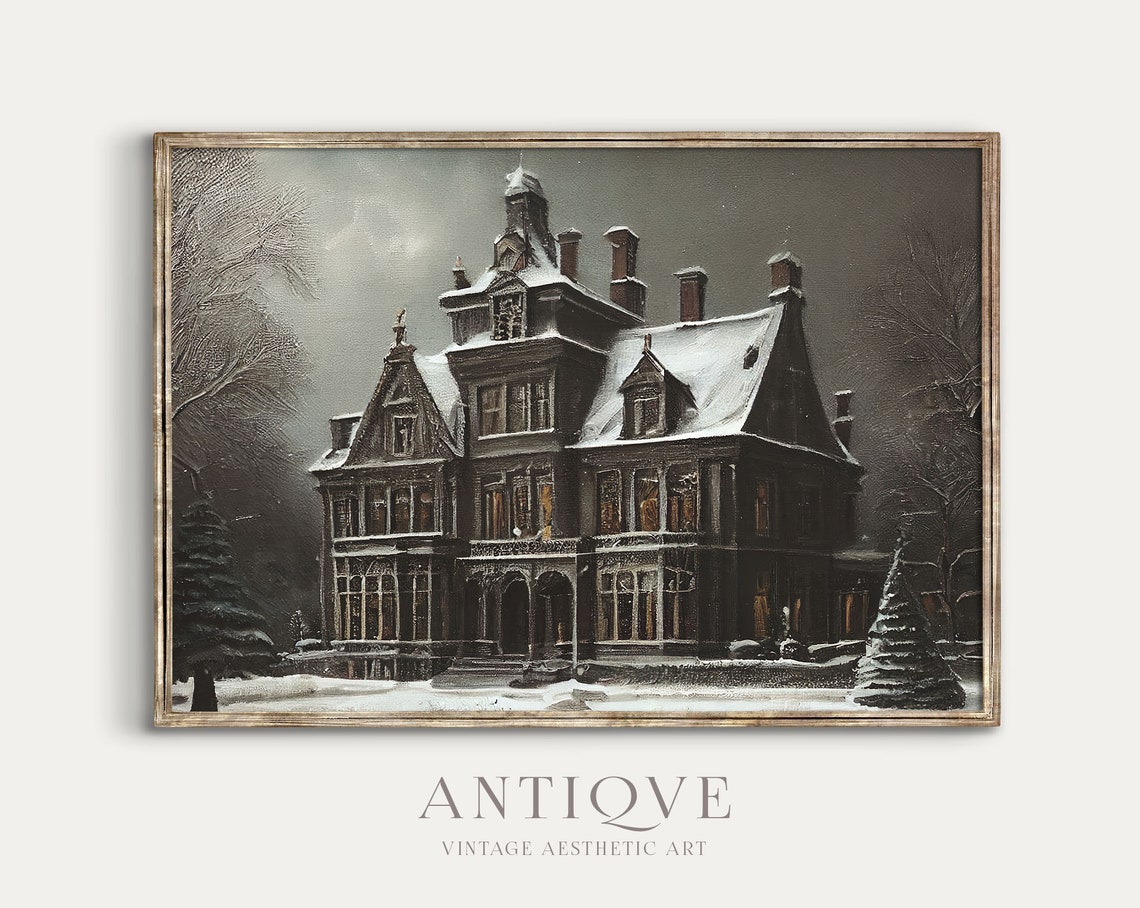 Snowy Victorian Mansion At Night Moody Haunted Gothic Winter Poster - Image 2