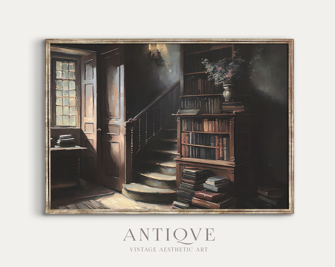 Moody Victorian Staircase With Books and Flowers - Image 2