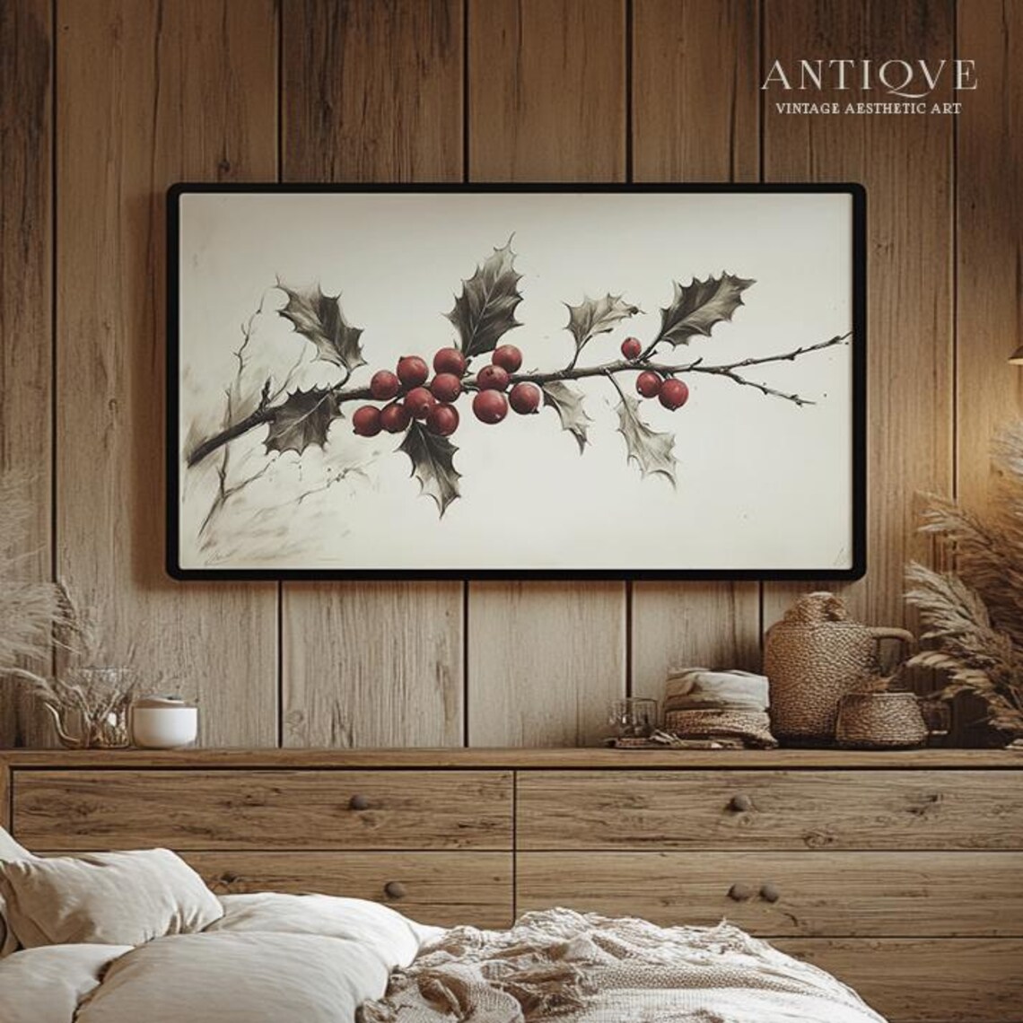 Holly And Berries Christmas Sketch, Rustic Holiday Decor