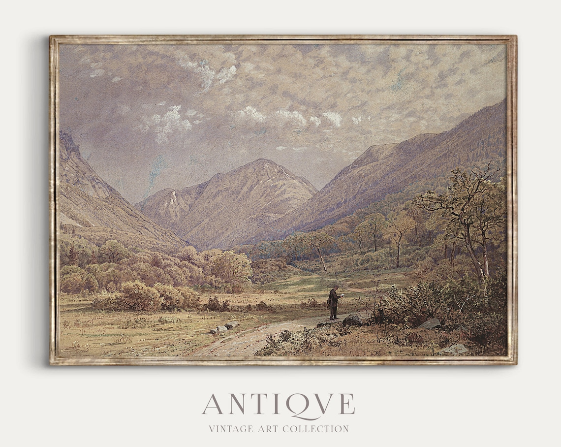 Antique Mountain Valley Landscape with Traveler Vintage Art Print
