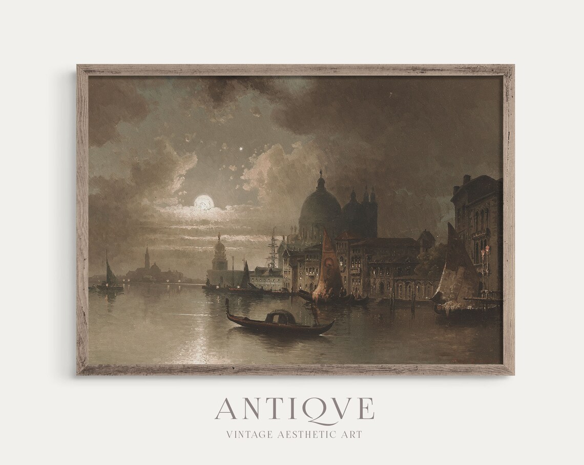 Moody Gondola Painting Venice Night Time Vintage Art Print