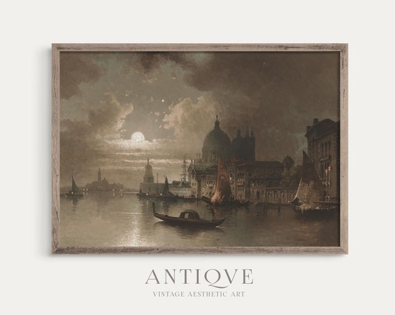 Moody Gondola Painting Venice Night Time Vintage Art Print