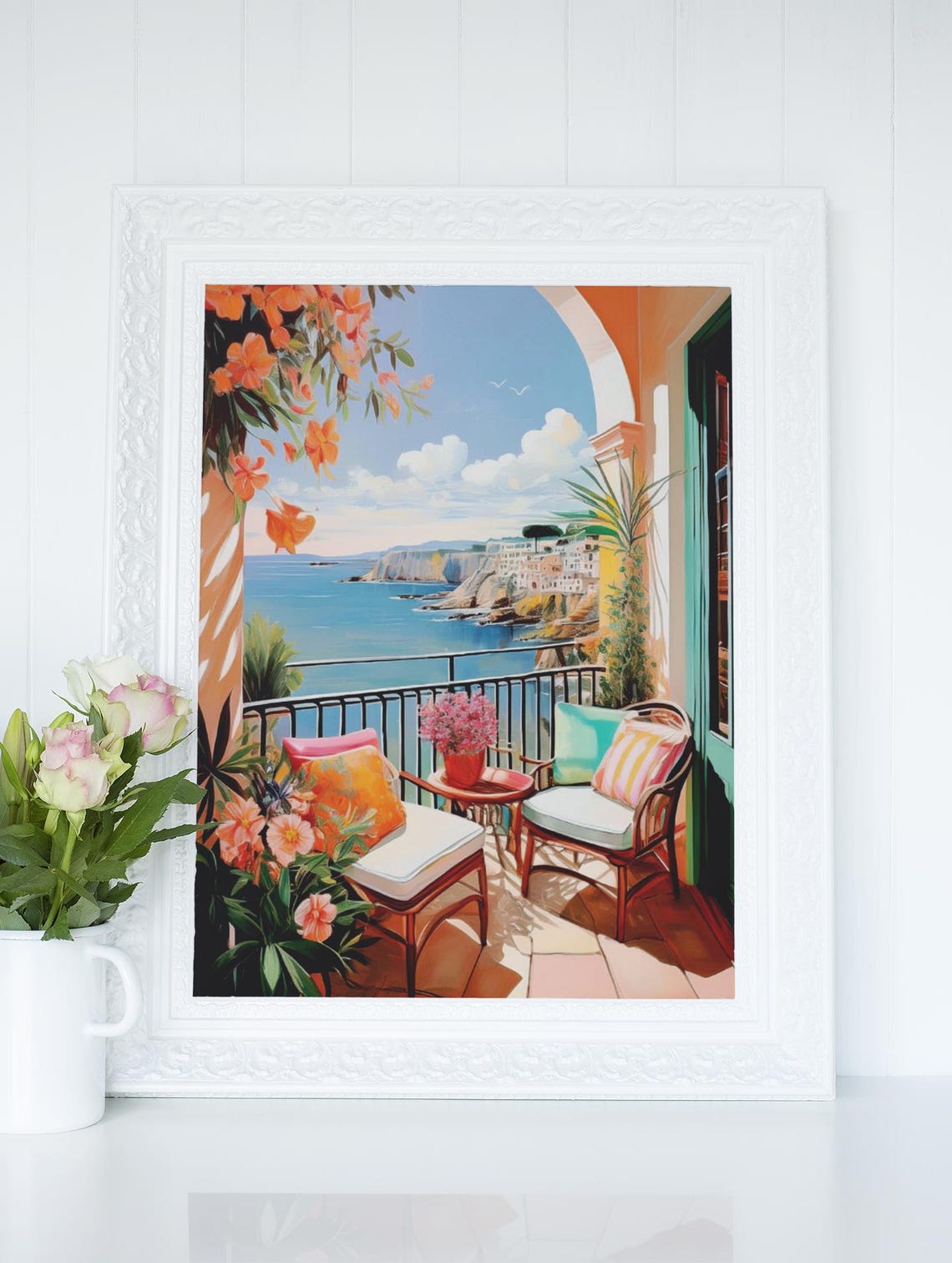 Mediterranean Coastal Balcony With Ocean Cliff View Chairs Poster - Image 3