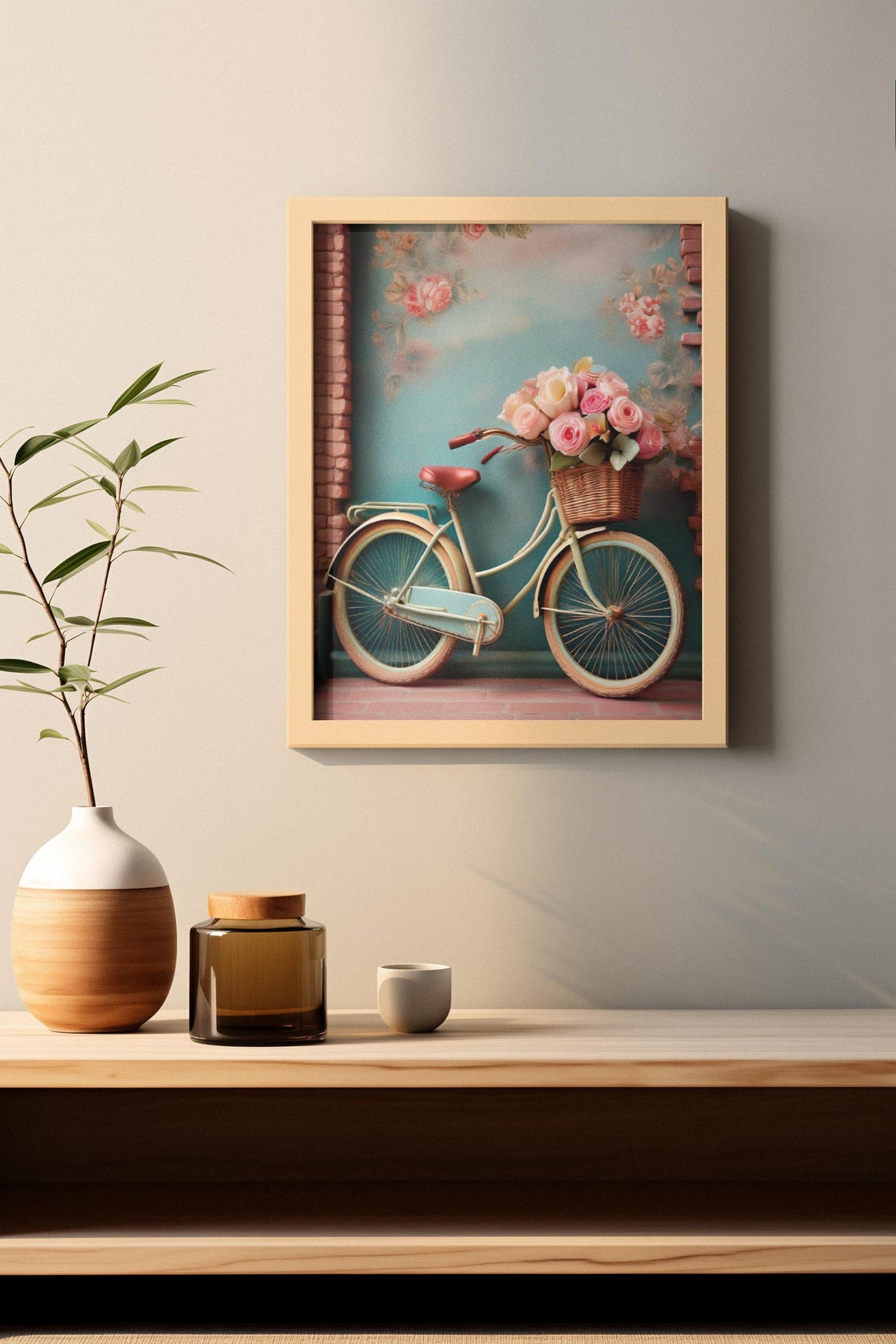 Vintage Cream Bicycle With Roses Basket Romantic Nostalgic Art Poster - Image 3