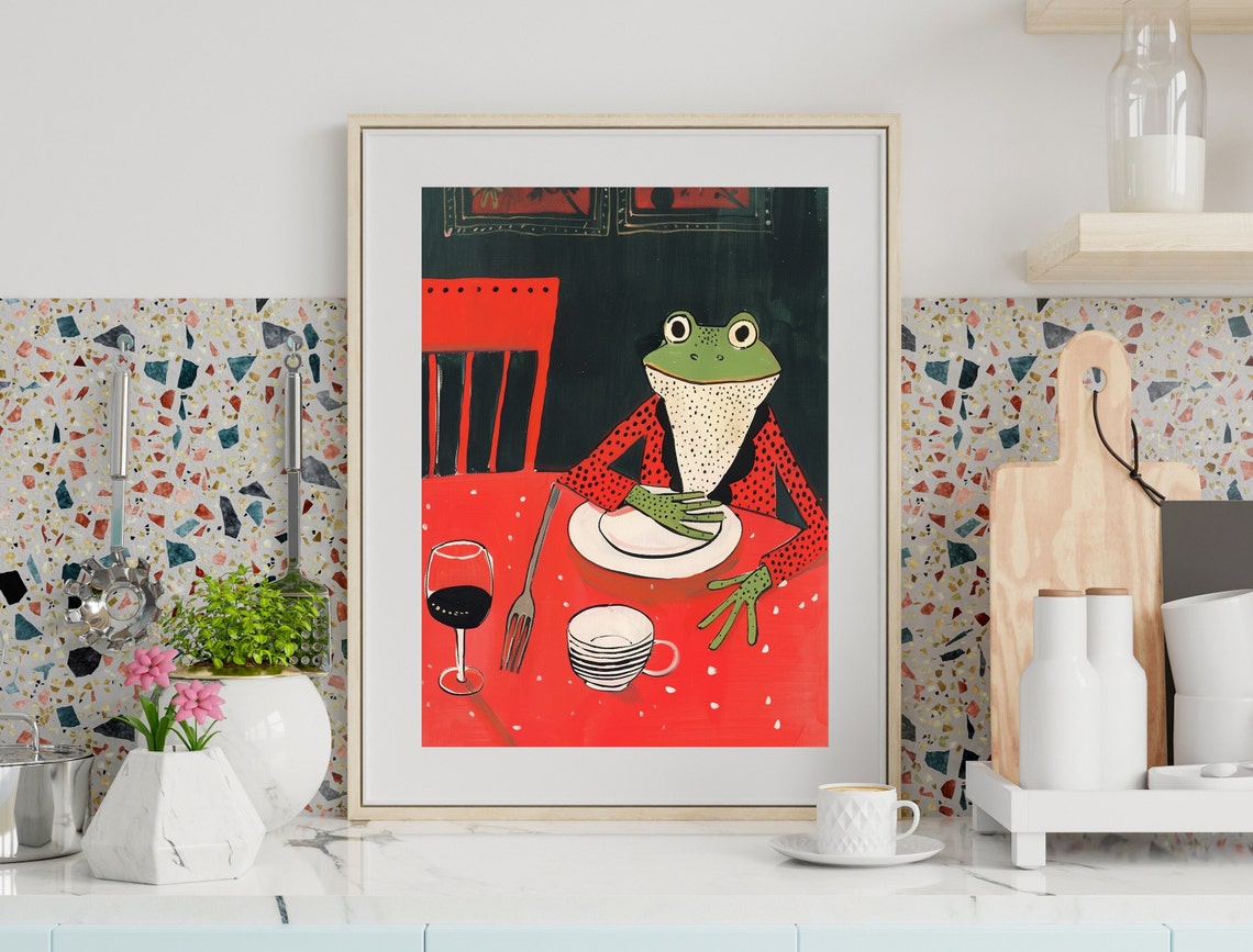 Frog at Dinner Whimsical Green Frog Red Table Folk Art Poster - Image 2