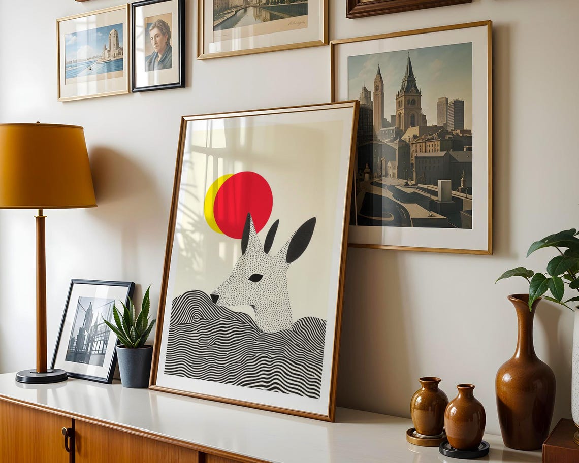 Minimalist Kangaroo Line Art Poster Red Sun Abstract Animal Design - Image 3