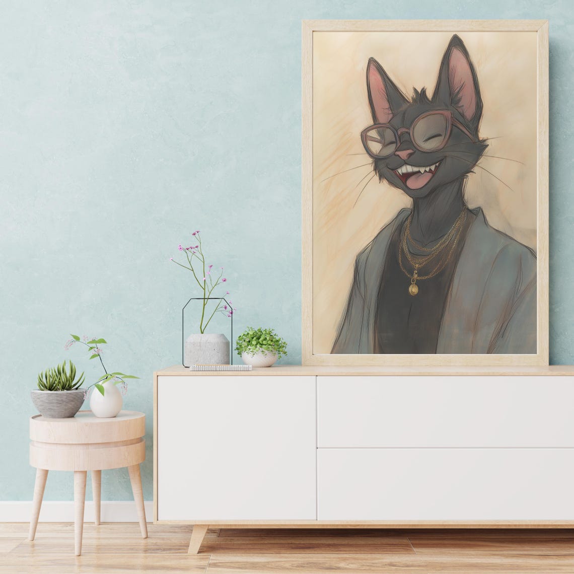 Cool Black Cat Sunglasses Poster Funny Cartoon Sketch Gold Chains Art - Image 2