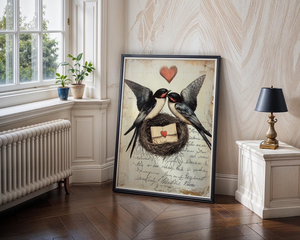Vintage Swallow Couple Nest Love Letter Antique Bird Art Poster - Image 3
