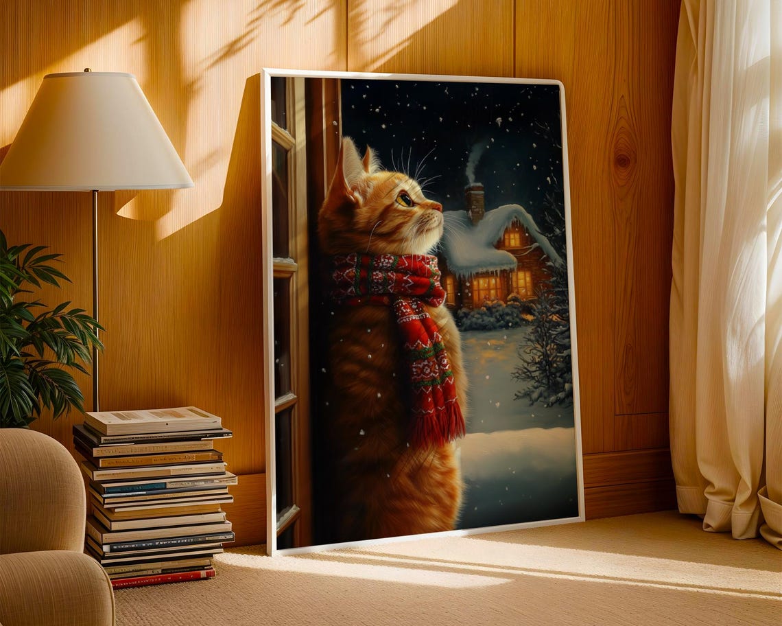 Adorable Orange Cat In Red Scarf Watching Snowy Night Poster - Image 2