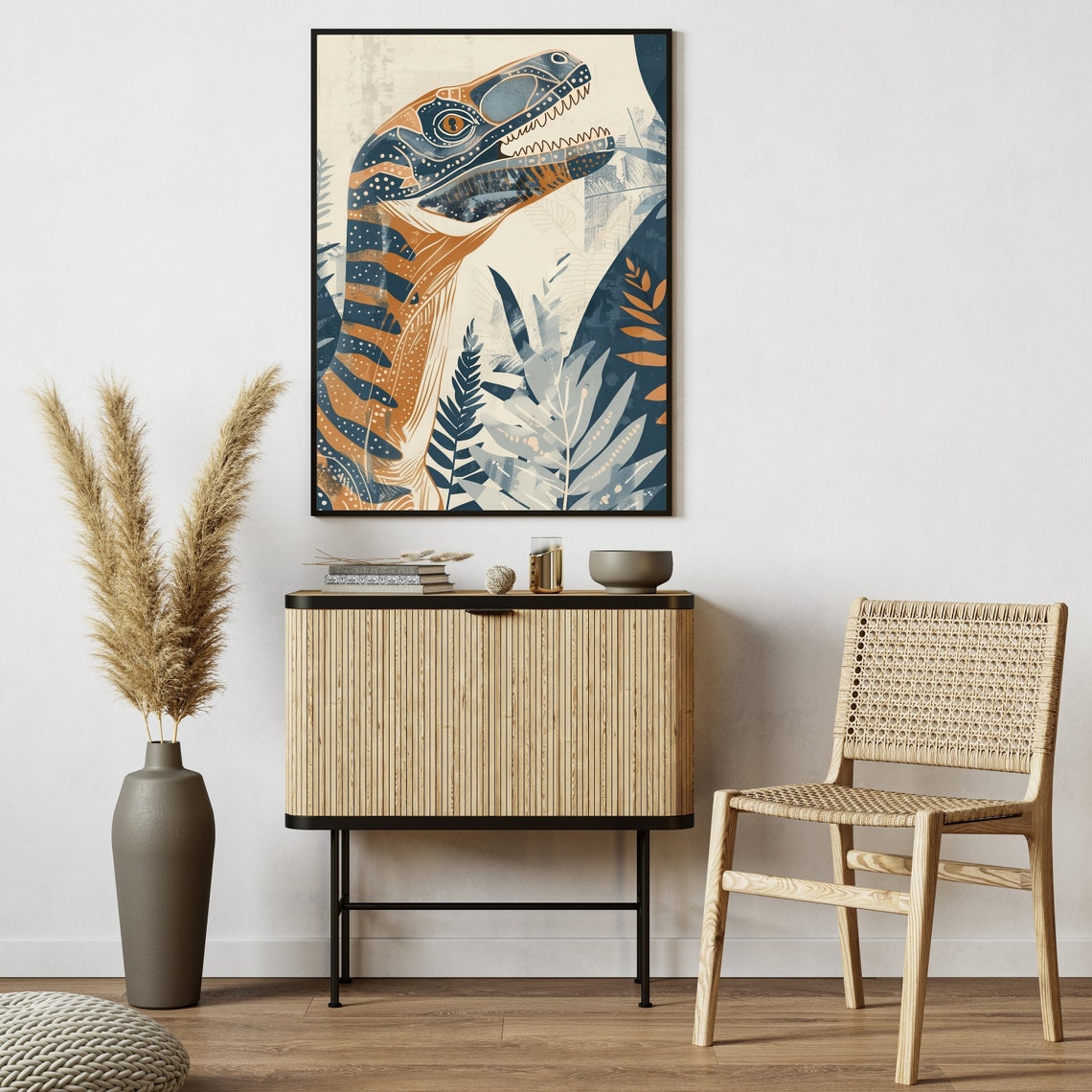Friendly Orange Stylized Dinosaur Head in Tropical Leaves Poster - Image 3
