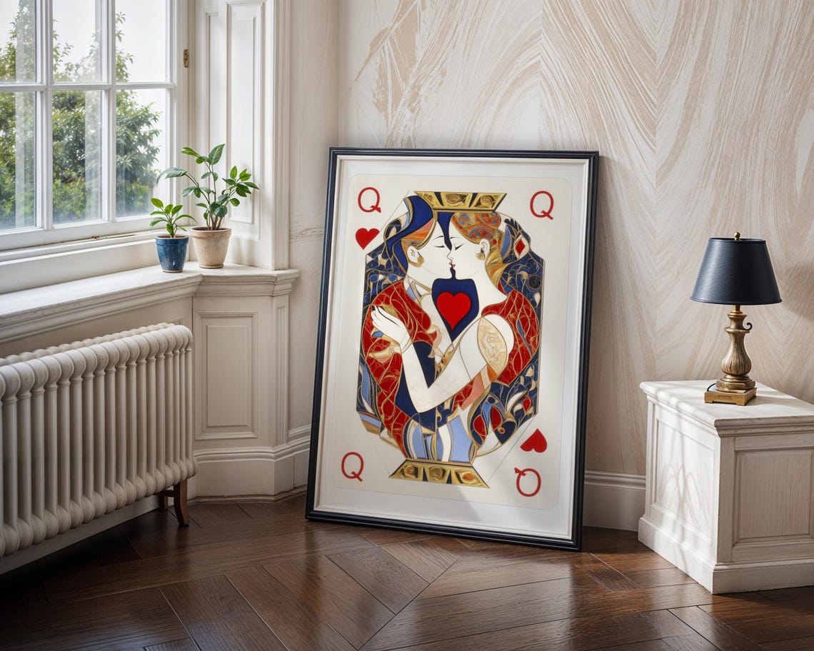 Queen of Hearts Playing Card Trendy Red Blue Artistic Poster - Image 2
