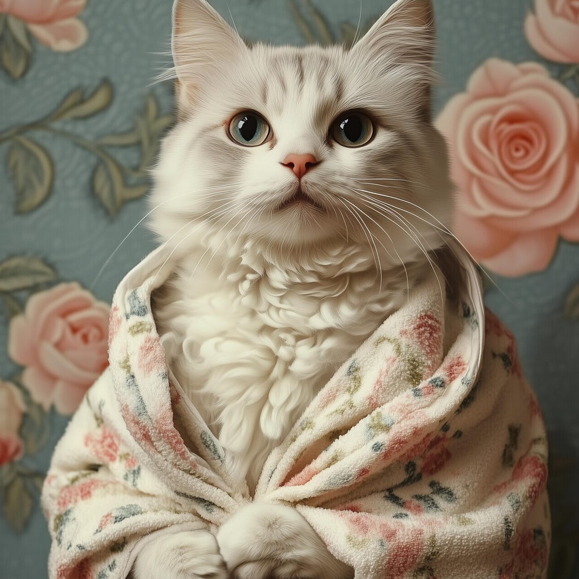 White Cat In A Floral Bathrobe Cute Vintage Rose Wallpaper Pet Poster - Image 3