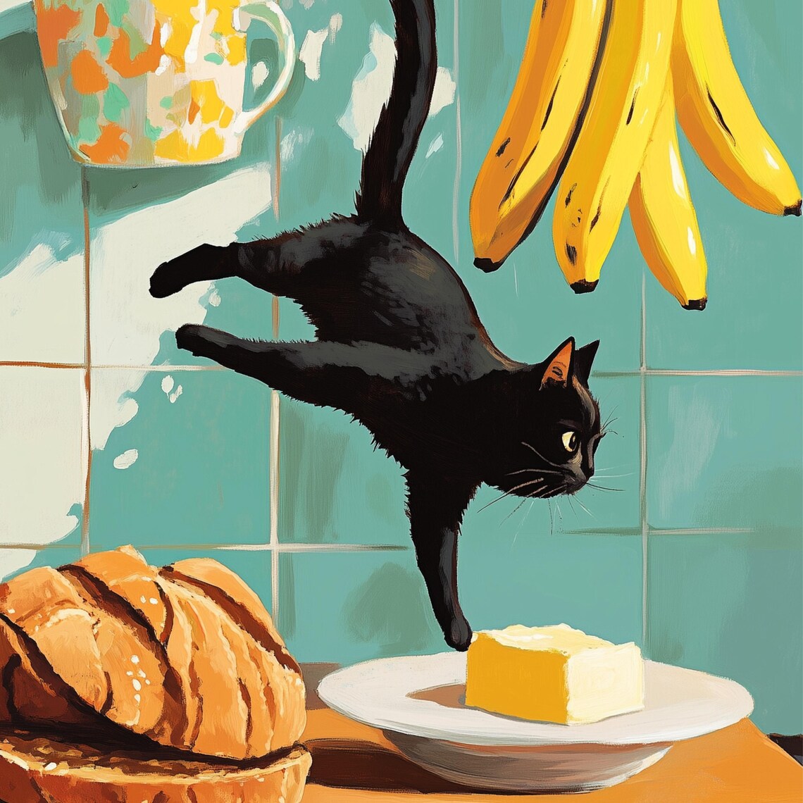 Whimsical Black Cat Kitchen Decor, Vintage Art Print - Image 3