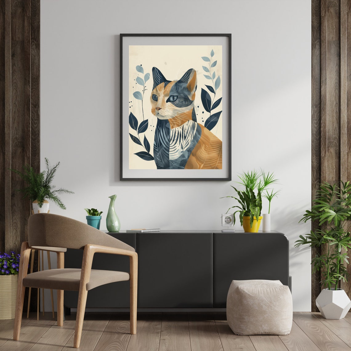 Modern Boho Calico Cat Portrait Among Botanical Leaves Poster - Image 2