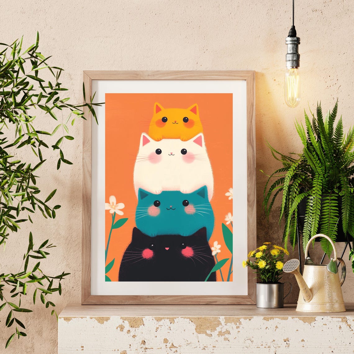 Playful Stack of Four Chubby Cute Cats on a Bright Orange Poster - Image 2