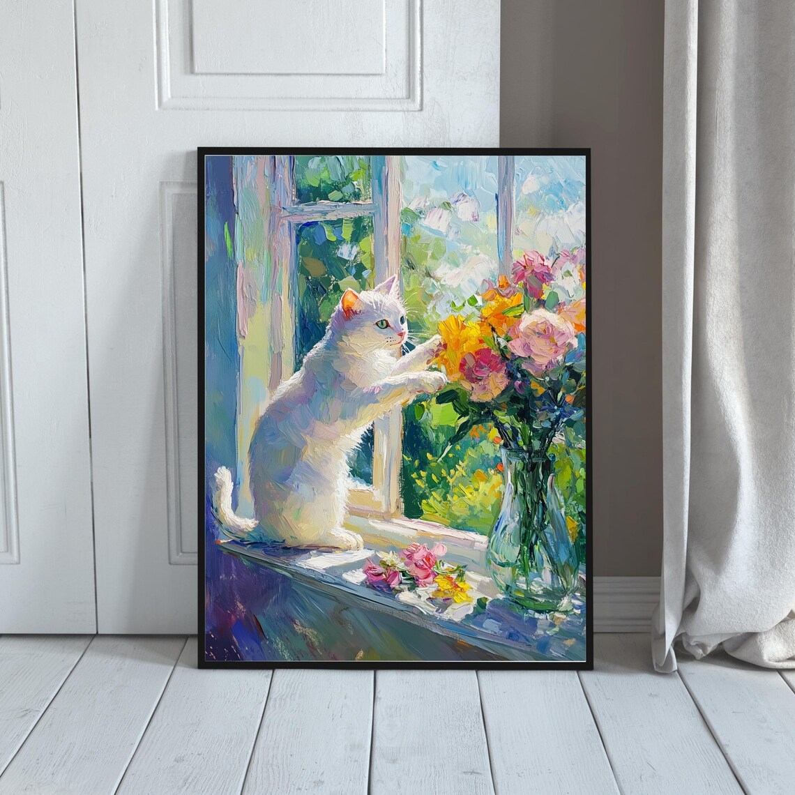 Whimsical White Cat and Flowers Oil-Painting Art Print - Image 2