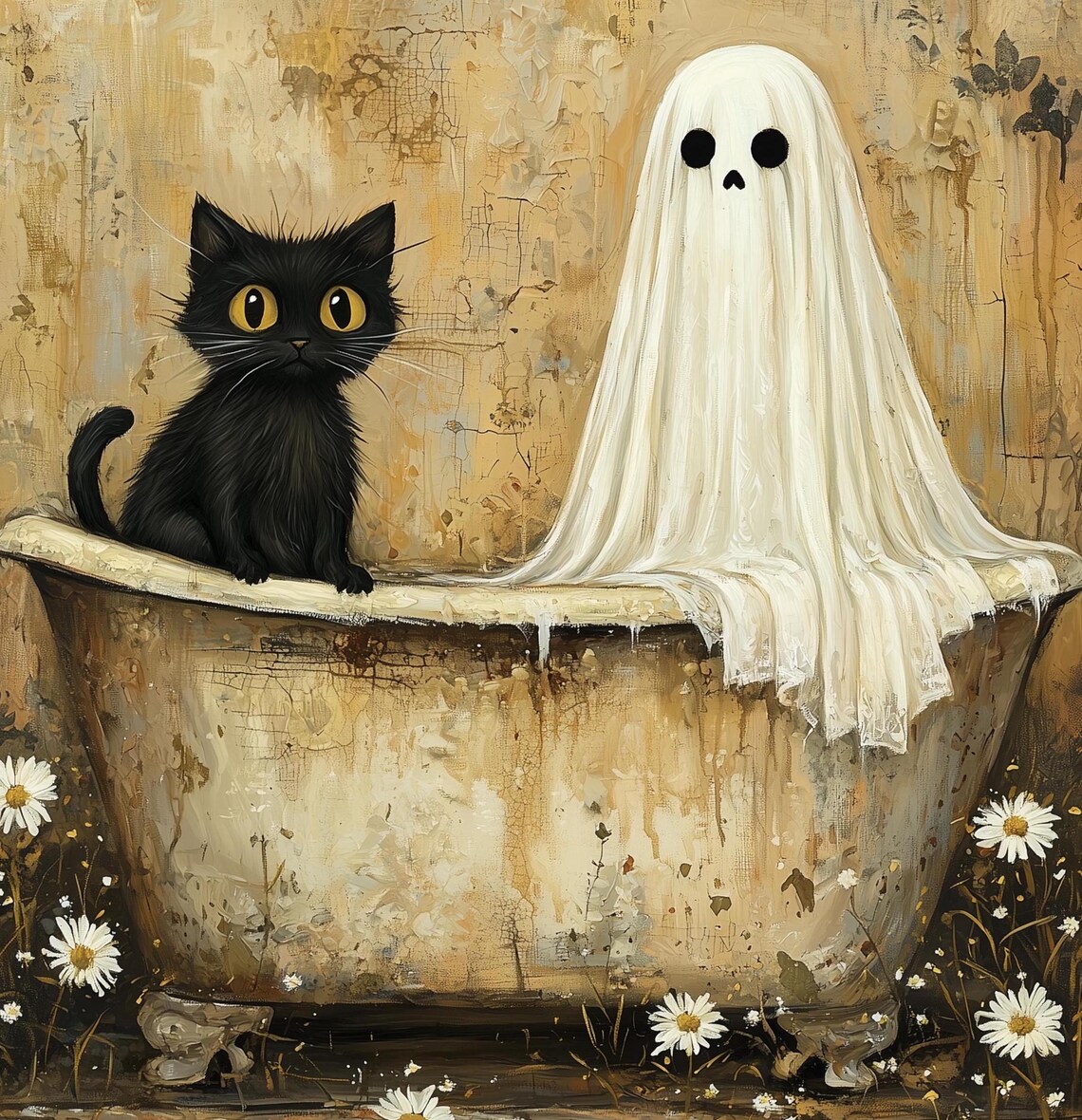 Cute Ghost and Black Cat Sharing a Vintage Clawfoot Tub Poster - Image 3